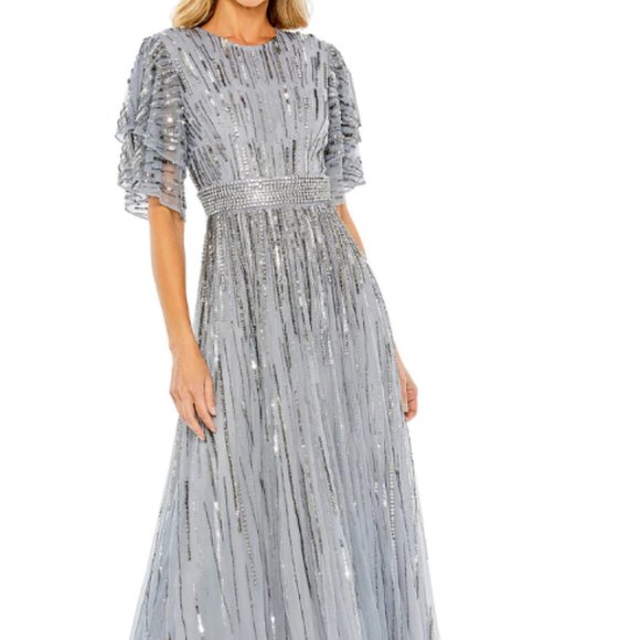MAC DUGGAL 93582 EMBELLISHED FULL LENGTH LAYERED SLEEVE SLATE BLUE GOWN sz 10 - Picture 1 of 6